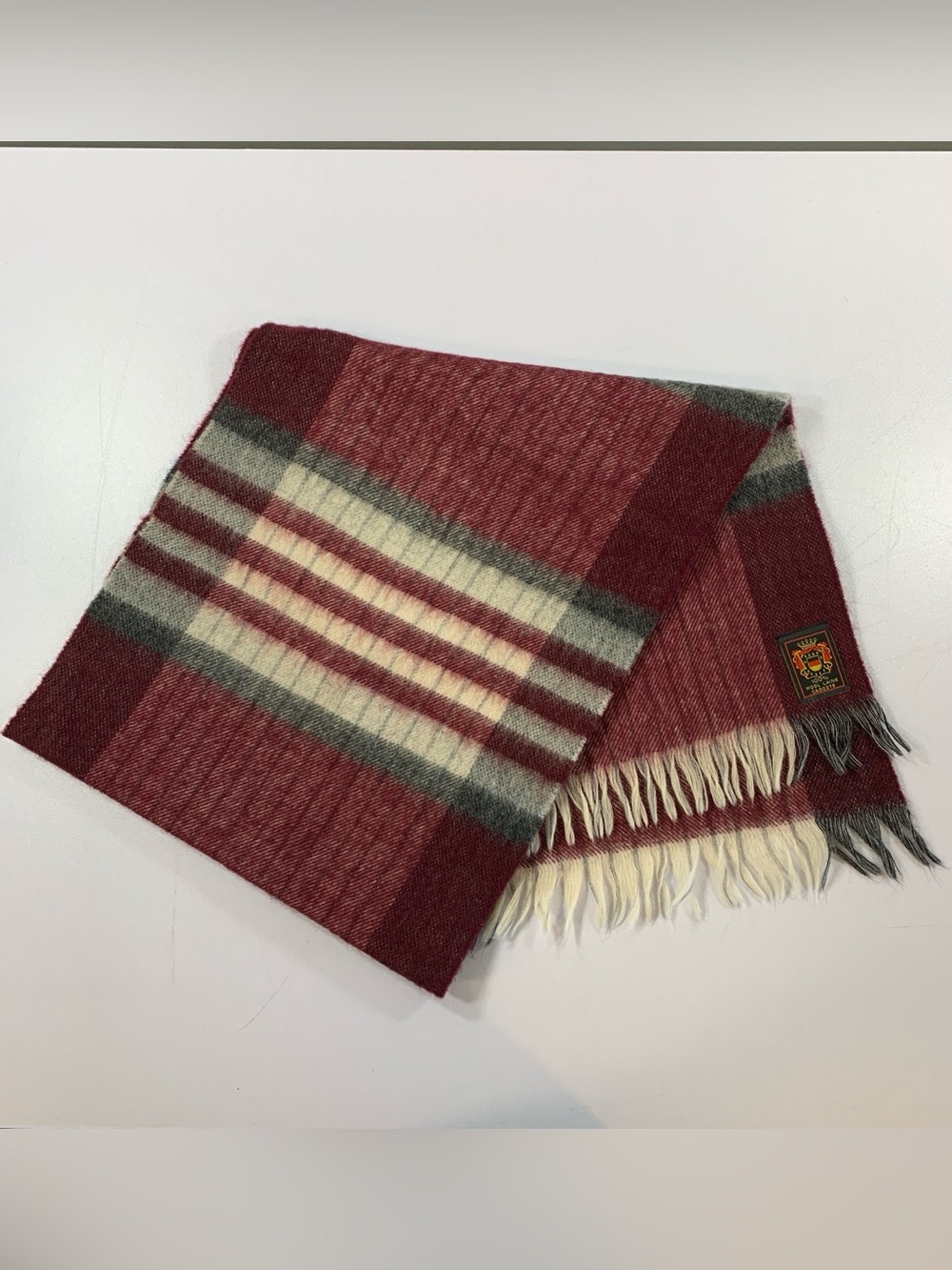 Vintage 70s Omega Neckwear Wool Scarf Fringe Striped Burgundy White Academia